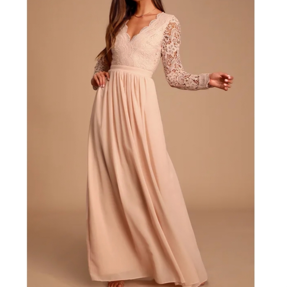 NWT Lulus | Awaken My Love Blush Pink Long Sleeve Lace Maxi Dress